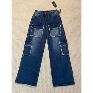 American Bazi RJH-9167‎ Wide Leg Cargo Denim Pants Blue Distressed Frayed Medium